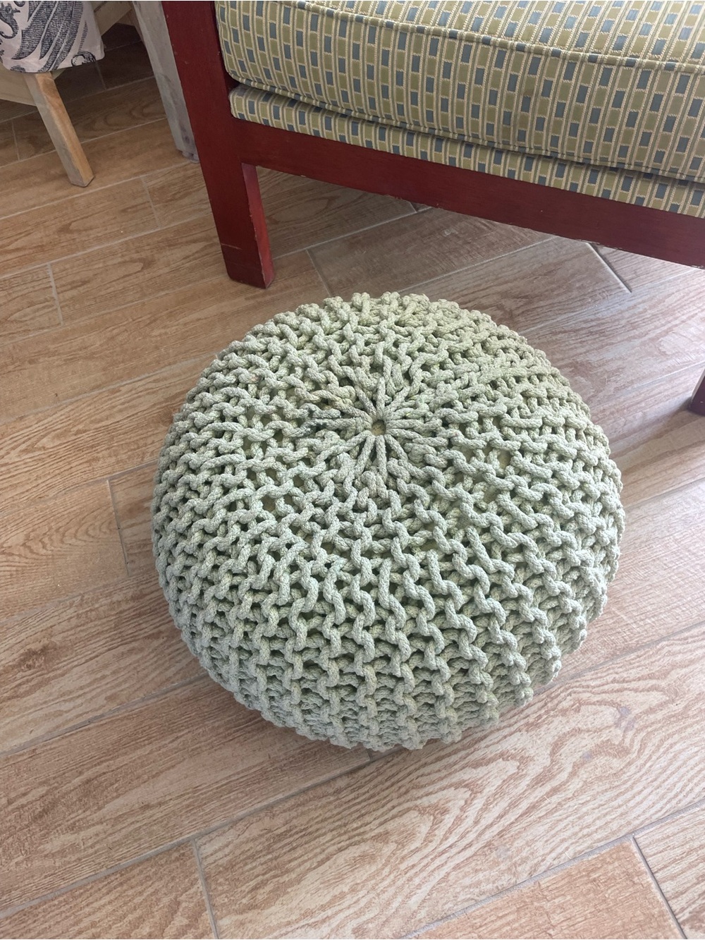 Hand-Knit Sage Green Pouf Ottoman - Neutral Accent